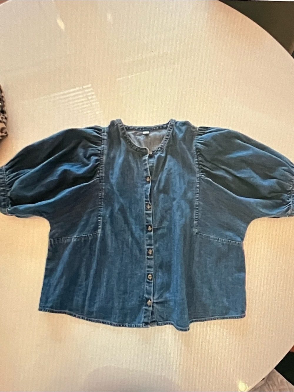 Old Navy Blue Denim Button-Front Puff Sleeve Shirt